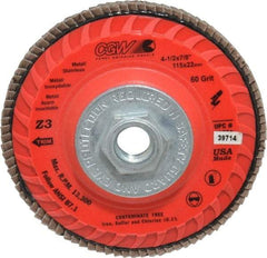 Camel Grinding Wheels - 60 Grit, 4-1/2" Disc Diam, 5/8-11 Center Hole, Type 27 Zirconia Alumina Flap Disc - 13,300 Max RPM, Poly Cotton Backing, Arbor Attaching System, Coated - Apex Tool & Supply