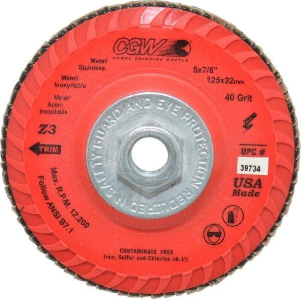 Camel Grinding Wheels - 40 Grit, 5" Disc Diam, 5/8-11 Center Hole, Type 27 Zirconia Alumina Flap Disc - 12,200 Max RPM, Poly Cotton Backing, Arbor Attaching System, Coated - Apex Tool & Supply