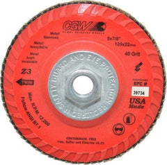 Camel Grinding Wheels - 40 Grit, 5" Disc Diam, 5/8-11 Center Hole, Type 27 Zirconia Alumina Flap Disc - 12,200 Max RPM, Poly Cotton Backing, Arbor Attaching System, Coated - Apex Tool & Supply