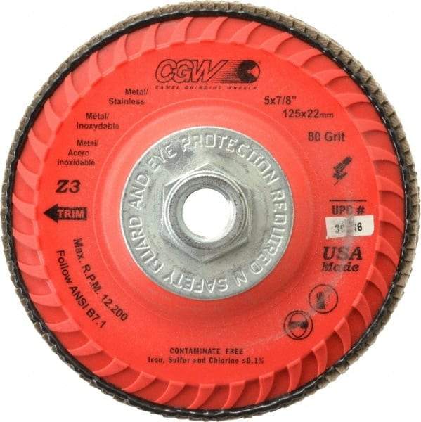 Camel Grinding Wheels - 80 Grit, 5" Disc Diam, 5/8-11 Center Hole, Type 27 Zirconia Alumina Flap Disc - 12,200 Max RPM, Poly Cotton Backing, Arbor Attaching System, Coated - Apex Tool & Supply