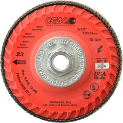 Camel Grinding Wheels - 80 Grit, 5" Disc Diam, 5/8-11 Center Hole, Type 27 Zirconia Alumina Flap Disc - 12,200 Max RPM, Poly Cotton Backing, Arbor Attaching System, Coated - Apex Tool & Supply