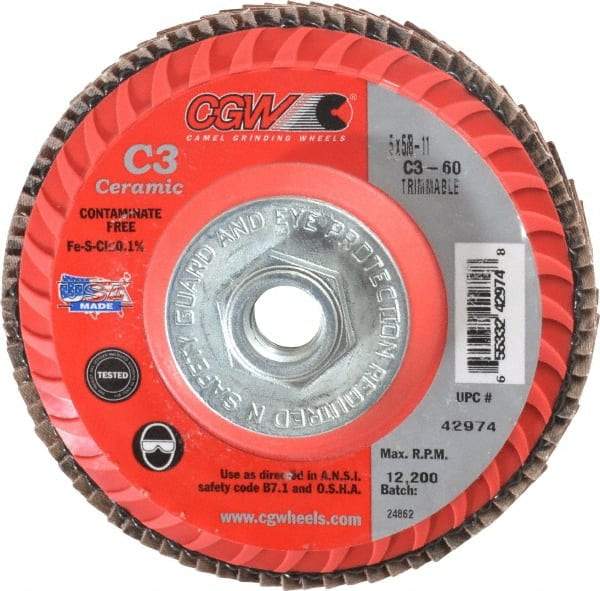 Camel Grinding Wheels - 60 Grit, 5" Disc Diam, 5/8-11 Center Hole, Type 27 Ceramic Flap Disc - 12,200 Max RPM, Polyester Backing, Arbor Attaching System, Coated - Apex Tool & Supply