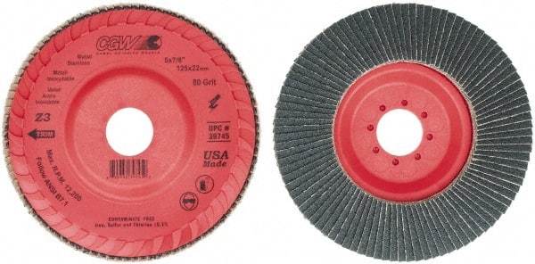 Camel Grinding Wheels - 80 Grit, 5" Disc Diam, 7/8" Center Hole, Type 27 Zirconia Alumina Flap Disc - 12,200 Max RPM, Poly Cotton Backing, Arbor Attaching System, Coated - Apex Tool & Supply