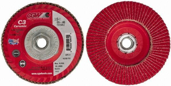 Camel Grinding Wheels - 40 Grit, 5" Disc Diam, 5/8-11 Center Hole, Type 27 Ceramic Flap Disc - 12,200 Max RPM, Polyester Backing, Arbor Attaching System, Coated - Apex Tool & Supply