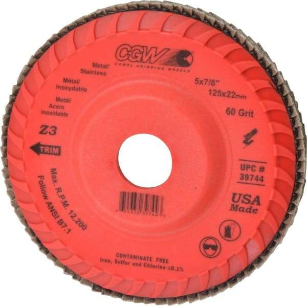 Camel Grinding Wheels - 60 Grit, 5" Disc Diam, 7/8" Center Hole, Type 27 Zirconia Alumina Flap Disc - 12,200 Max RPM, Poly Cotton Backing, Arbor Attaching System, Coated - Apex Tool & Supply