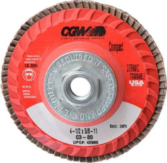 Camel Grinding Wheels - 80 Grit, 4-1/2" Disc Diam, 5/8-11 Center Hole, Type 27 Ceramic Flap Disc - 13,300 Max RPM, Polyester Backing, Arbor Attaching System, Coated - Apex Tool & Supply