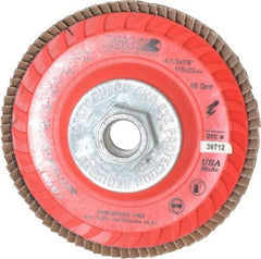 Camel Grinding Wheels - 40 Grit, 4-1/2" Disc Diam, 5/8-11 Center Hole, Type 27 Zirconia Alumina Flap Disc - 13,300 Max RPM, Poly Cotton Backing, Arbor Attaching System, Coated - Apex Tool & Supply