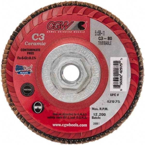 Camel Grinding Wheels - 80 Grit, 5" Disc Diam, 5/8-11 Center Hole, Type 27 Ceramic Flap Disc - 12,200 Max RPM, Polyester Backing, Arbor Attaching System, Coated - Apex Tool & Supply