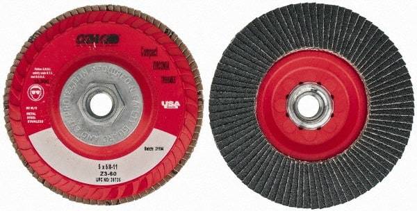Camel Grinding Wheels - 60 Grit, 5" Disc Diam, 5/8-11 Center Hole, Type 27 Zirconia Alumina Flap Disc - 12,200 Max RPM, Poly Cotton Backing, Arbor Attaching System, Coated - Apex Tool & Supply
