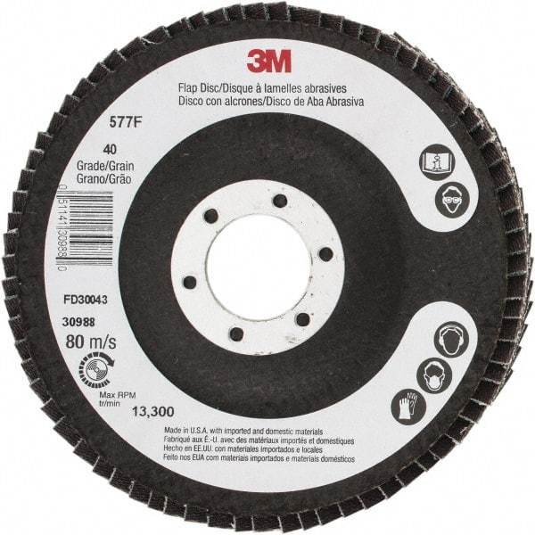 3M - 40 Grit, 4-1/2" Disc Diam, 7/8" Center Hole, Type 29 Zirconia Alumina Flap Disc - 13,300 Max RPM, Cloth Backing, Arbor Attaching System, Coated - Apex Tool & Supply
