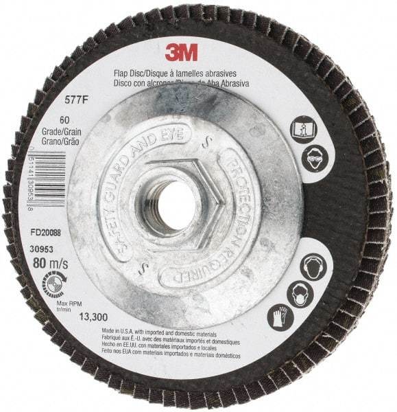 3M - 60 Grit, 4-1/2" Disc Diam, 5/8-11 Center Hole, Type 27 Zirconia Alumina Flap Disc - 13,300 Max RPM, Cloth Backing, Arbor Attaching System, Coated - Apex Tool & Supply