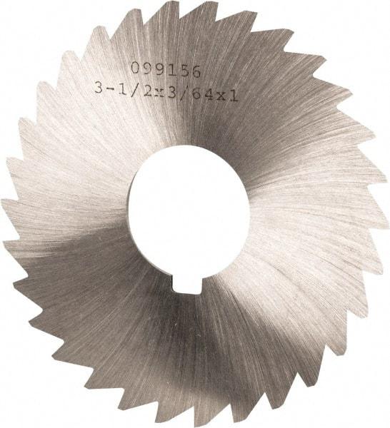 Made in USA - 3-1/2" Diam x 3/64" Blade Thickness x 1" Arbor Hole Diam, 34 Tooth Slitting and Slotting Saw - Arbor Connection, Right Hand, Uncoated, High Speed Steel, Concave Ground, Contains Keyway - Apex Tool & Supply