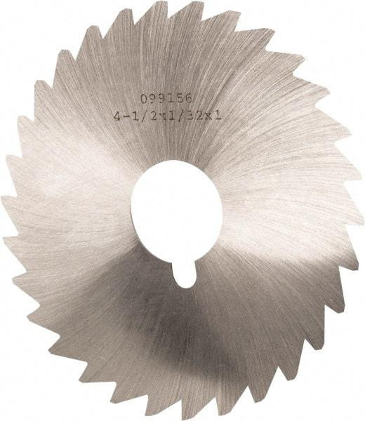 Made in USA - 4-1/2" Diam x 1/32" Blade Thickness x 1" Arbor Hole Diam, 36 Tooth Slitting and Slotting Saw - Arbor Connection, Right Hand, Uncoated, High Speed Steel, Concave Ground, Contains Keyway - Apex Tool & Supply