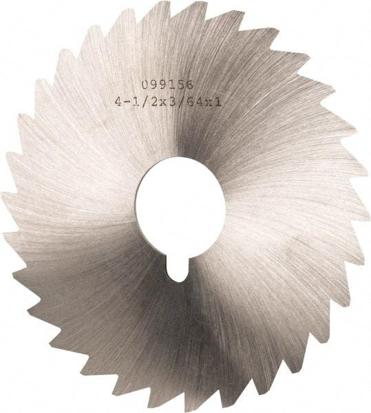 Made in USA - 4-1/2" Diam x 3/64" Blade Thickness x 1" Arbor Hole Diam, 36 Tooth Slitting and Slotting Saw - Arbor Connection, Right Hand, Uncoated, High Speed Steel, Concave Ground, Contains Keyway - Apex Tool & Supply