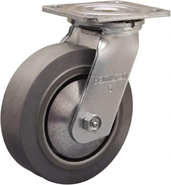 Hamilton - 6" Diam x 2" Wide x 7-1/2" OAH Top Plate Mount Swivel Caster - Rubber Mold on Aluminum, 410 Lb Capacity, Straight Roller Bearing, 4 x 4-1/2" Plate - Apex Tool & Supply