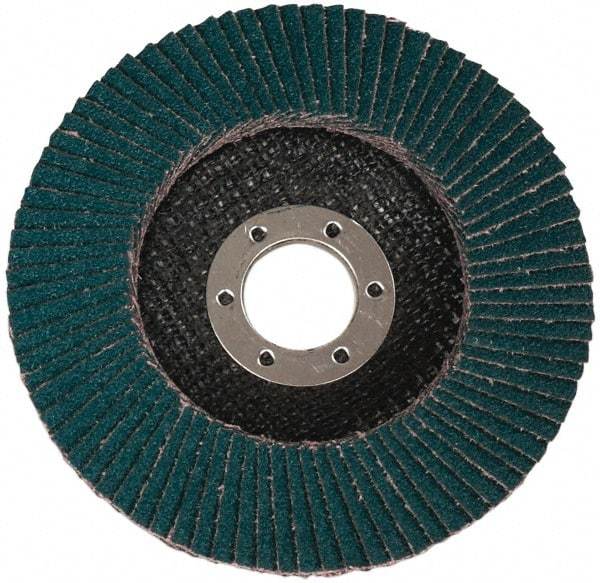 3M - 80 Grit, 4-1/2" Disc Diam, 7/8" Center Hole, Type 27 Zirconia Alumina Flap Disc - 13,300 Max RPM, Cloth Backing, Arbor Attaching System, Coated - Apex Tool & Supply
