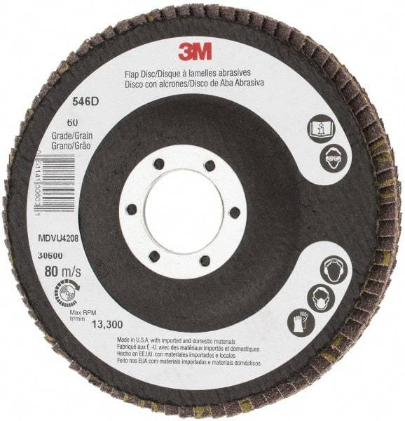 3M - 60 Grit, 4-1/2" Disc Diam, 7/8" Center Hole, Type 27 Zirconia Alumina Flap Disc - 13,300 Max RPM, Cloth Backing, Arbor Attaching System, Coated - Apex Tool & Supply