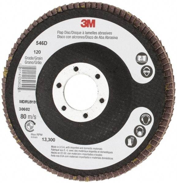 3M - 120 Grit, 4-1/2" Disc Diam, 7/8" Center Hole, Type 27 Zirconia Alumina Flap Disc - Cloth Backing, Arbor Attaching System, Coated - Apex Tool & Supply