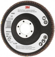 3M - 120 Grit, 4-1/2" Disc Diam, 7/8" Center Hole, Type 27 Zirconia Alumina Flap Disc - Cloth Backing, Arbor Attaching System, Coated - Apex Tool & Supply