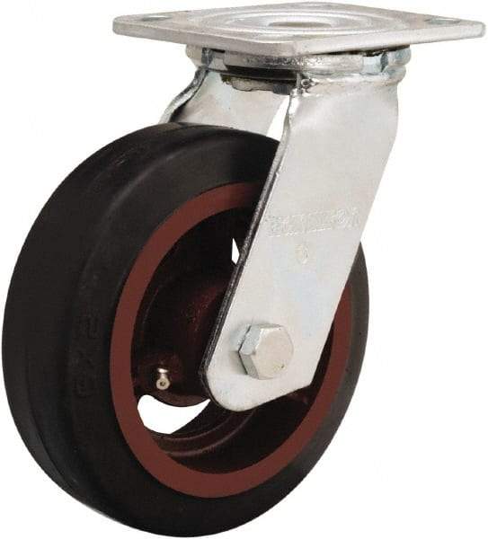 Hamilton - 6" Diam x 2" Wide x 7-1/2" OAH Top Plate Mount Swivel Caster - Rubber Mold on Cast Iron, 410 Lb Capacity, Straight Roller Bearing, 4 x 4-1/2" Plate - Apex Tool & Supply
