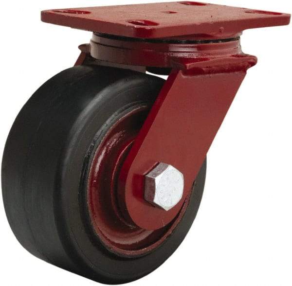 Hamilton - 6" Diam x 3" Wide x 7-1/2" OAH Top Plate Mount Swivel Caster - Rubber Mold on Cast Iron, 680 Lb Capacity, Straight Roller Bearing, 4-1/2 x 6-1/2" Plate - Apex Tool & Supply