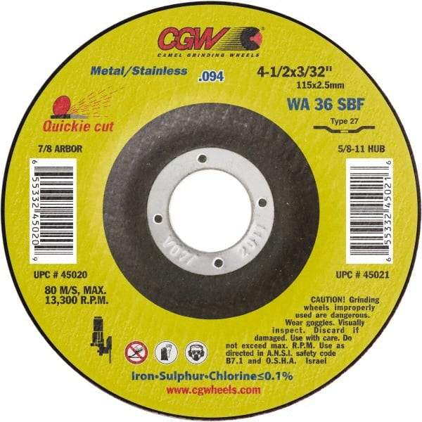 Camel Grinding Wheels - 36 Grit, 5" Wheel Diam, 3/32" Wheel Thickness, 7/8" Arbor Hole, Type 27 Depressed Center Wheel - Medium Grade, Aluminum Oxide, Resinoid Bond, 12,250 Max RPM - Apex Tool & Supply