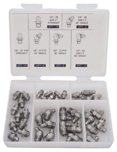 PRO-LUBE - 40 Piece, Inch, Box Plastic Stainless Steel Grease Fitting Set - Includes PTF, UNF Thread Types, Includes 1/4-28 SAE-LT: (10) Straight, (5) 45°, (5) 90°, 1/8-27 PTF: (10) Straight, (5) 45°, (5) 90° - Apex Tool & Supply