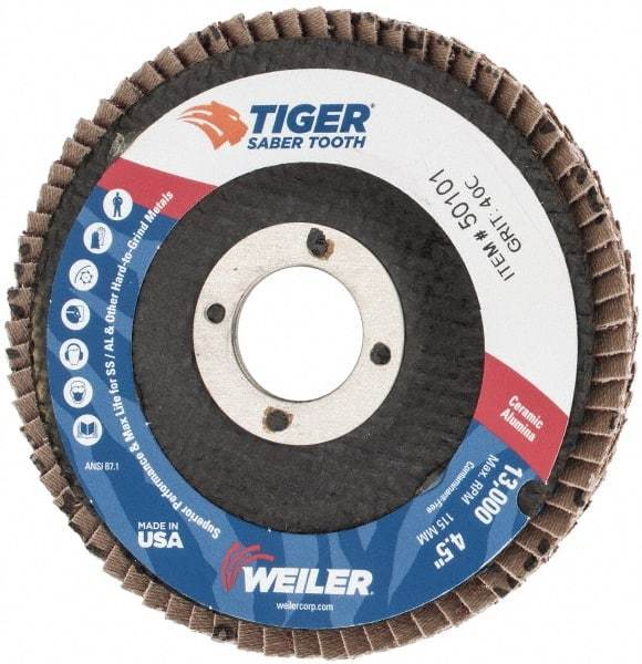 Weiler - 40 Grit, 4-1/2" Disc Diam, 7/8" Center Hole, Type 29 Ceramic Flap Disc - 13,000 Max RPM, Phenolic Backing, Arbor Attaching System, Coated - Apex Tool & Supply