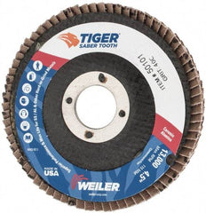 Weiler - 40 Grit, 4-1/2" Disc Diam, 7/8" Center Hole, Type 29 Ceramic Flap Disc - 13,000 Max RPM, Phenolic Backing, Arbor Attaching System, Coated - Apex Tool & Supply