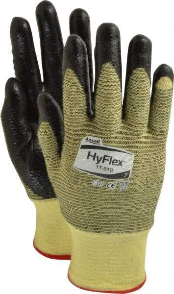Ansell - Size S (7), ANSI Cut Lvl 2, Abrasion Lvl 3, Nitrile Coated Cut Resistant Gloves - Palm & Fingers Coated, Kevlar Lining, Knit Wrist, Black/Yellow, Paired - Apex Tool & Supply