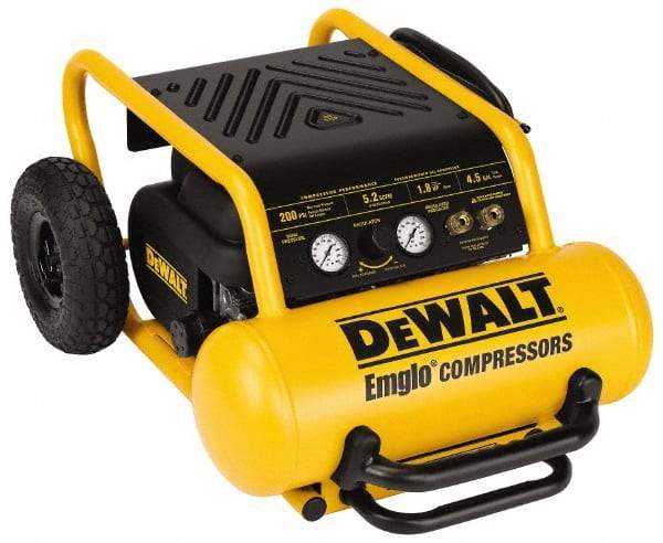 DeWALT - 1.8 HP, 5.2 CFM Wheeled Electric Oil Free Compressor - 4.5 Gallon Tank, 15 Amp, 200 Max psi, 120V - Apex Tool & Supply