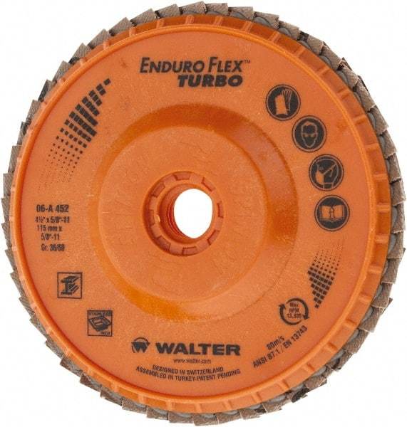 WALTER Surface Technologies - 36 Grit, 4-1/2" Disc Diam, 5/8-11 Center Hole, Type 29 Ceramic Flap Disc - 13,300 Max RPM, Plastic Backing, Arbor Attaching System, Coated - Apex Tool & Supply