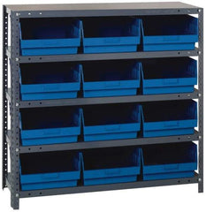Quantum Storage - 12 Bin Store-More Shelf Bin System - 36 Inch Overall Width x 12 Inch Overall Depth x 39 Inch Overall Height, Blue Polypropylene Bins - Apex Tool & Supply