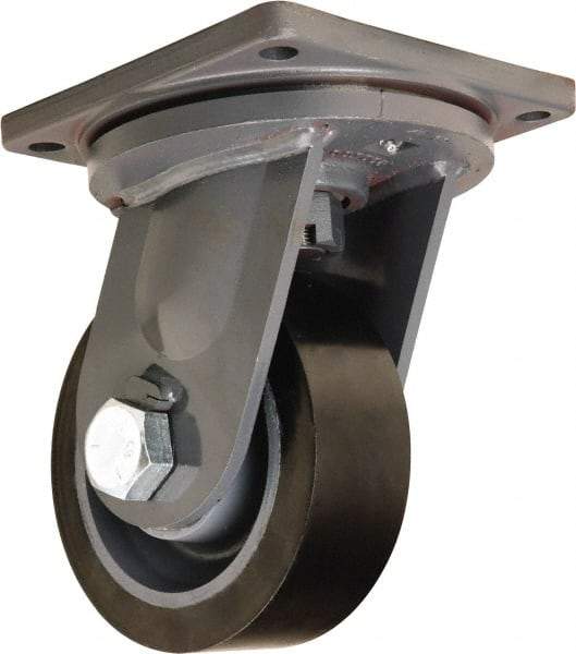 Hamilton - 8" Diam x 3" Wide x 11" OAH Top Plate Mount Swivel Caster - Polyurethane Mold on Forged Steel, 4,500 Lb Capacity, Tapered Roller Bearing, 8-1/2 x 8-1/2" Plate - Apex Tool & Supply