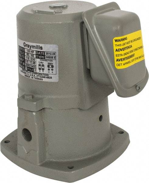 Graymills - 0.7/0.35 Amp, 115/230 Volt, 1/8 hp, 1 Phase, 3,450 RPM, Cast Iron Suction Machine Tool & Recirculating Pump - 9.5 GPM, 14 psi, 5-1/2" Long x 5-1/2" Mounting Flange Width, 6-7/8" Overall Height, Plastic Impeller, Sealed Motor - Apex Tool & Supply