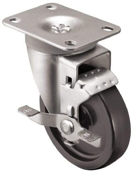 Shepherd - 3" Diam x 1-1/4" Wide x 4-1/4" OAH Top Plate Mount Swivel Caster with Brake - Polyolefin, 250 Lb Capacity, Plain Bearing, 2-5/8 x 3-3/4" Plate - Apex Tool & Supply