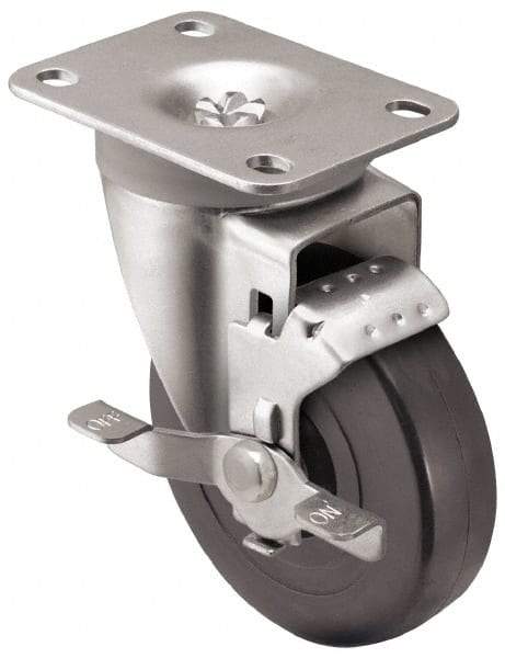 Shepherd - 3" Diam x 1-1/4" Wide x 4-1/4" OAH Top Plate Mount Swivel Caster with Brake - Soft Rubber, 150 Lb Capacity, Nylon Bearing, 2-5/8 x 3-3/4" Plate - Apex Tool & Supply