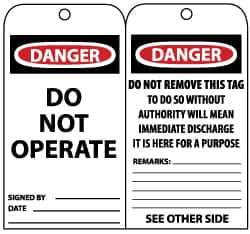 NMC - 3" High x 6" Long, DANGER - DO NOT OPERATE, English Safety & Facility Lockout Tag - Tag Header: Danger, 2 Sides, Black, Red & White Unrippable Vinyl - Apex Tool & Supply