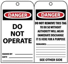 NMC - 3" High x 6" Long, DANGER - DO NOT OPERATE, English Safety & Facility Lockout Tag - Tag Header: Danger, 2 Sides, Black, Red & White Unrippable Vinyl - Apex Tool & Supply