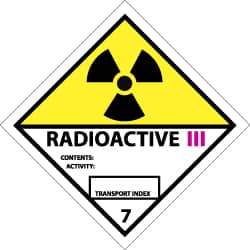 NMC - Accident Prevention Label - Legend: Radioactive III Contents: Activity: Transport Index, English, Black, Yellow, Pink & White, 4" Long x 4" High, Sign Muscle Finish - Apex Tool & Supply