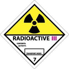NMC - Accident Prevention Label - Legend: Radioactive III Contents: Activity: Transport Index, English, Black, Yellow, Pink & White, 4" Long x 4" High, Sign Muscle Finish - Apex Tool & Supply