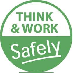 NMC - Think and Work Safely, Hard Hat Label - White on Green, 2" Thick, For Accident Prevention - Apex Tool & Supply