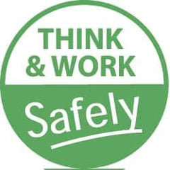 NMC - Think and Work Safely, Hard Hat Label - White on Green, 2" Thick, For Accident Prevention - Apex Tool & Supply