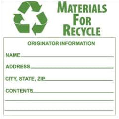 NMC - Hazardous Materials Label - Legend: Materials for Recycle - Originator Information - Name _____, Address _____, City, State, Zip _____, Contents _______, English, Green & White, 6" Long x 6" High, Sign Muscle Finish - Apex Tool & Supply