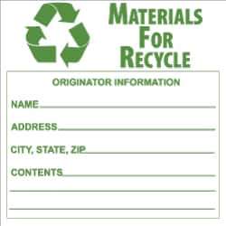 NMC - Hazardous Materials Label - Legend: Materials for Recycle - Originator Information - Name _____, Address _____, City, State, Zip _____, Contents _______, English, Green & White, 6" Long x 6" High, Sign Muscle Finish - Apex Tool & Supply
