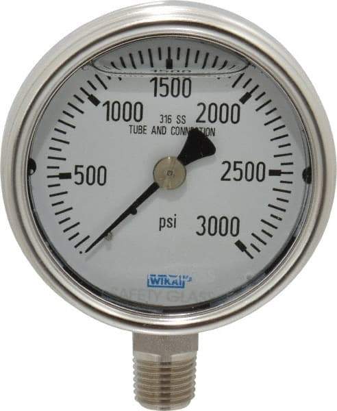 Wika - 2-1/2" Dial, 1/4 Thread, 0-3,000 Scale Range, Pressure Gauge - Lower Connection Mount, Accurate to 2-1-2% of Scale - Apex Tool & Supply