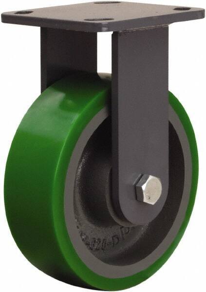 Hamilton - 6" Diam x 2" Wide x 7-1/2" OAH Top Plate Mount Rigid Caster - Polyurethane Mold onto Cast Iron Center, 1,200 Lb Capacity, Tapered Roller Bearing, 4 x 4-1/2" Plate - Apex Tool & Supply