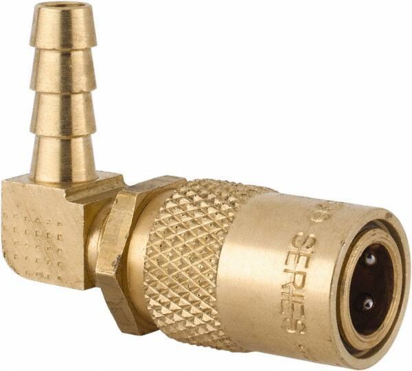 Coilhose Pneumatics - Hose Barb Non-Valved Moldflow Pneumatic Hose 90° Non-Valved Coupler - Brass, 1/4" Body Diam, 1/4" Hose ID - Apex Tool & Supply
