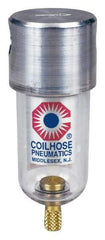 Coilhose Pneumatics - 1/8" Port, 4" High x 1-1/2" Wide, Miniature FRL Filter with Polycarbonate Bowl & Manual Drain - 25 SCFM, 150 Max psi, 120°F Max, 1.5 oz Bowl Capacity - Apex Tool & Supply