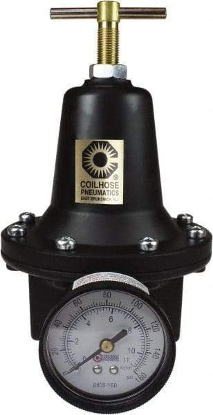 Coilhose Pneumatics - 1/4 NPT Port, 40 CFM, Cast Aluminum Heavy-Duty T-Handle Regulator - 0 to 125 psi Range, 250 Max psi Supply Pressure, 1/4" Gauge Port Thread, 3" Wide x 5-1/2" High - Apex Tool & Supply